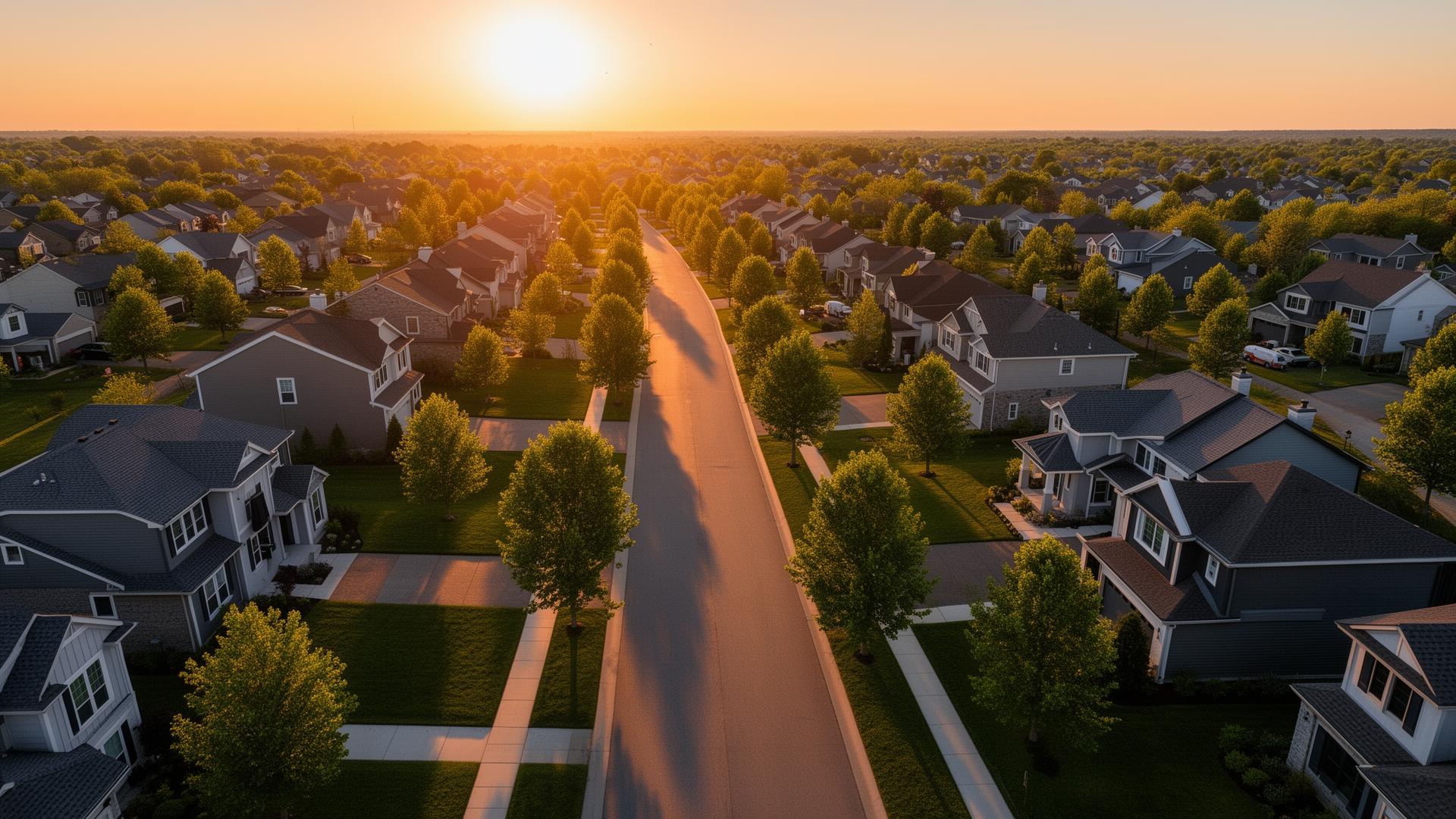Beautiful suburban neighborhood at golden hour